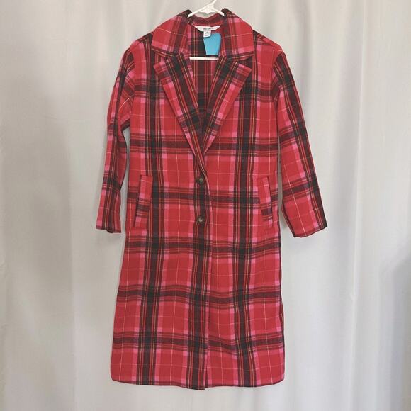 OLD NAVY Women XS Red Tartan Plaid Two Button Long Overcoat Peacoat - Picture 1 of 16